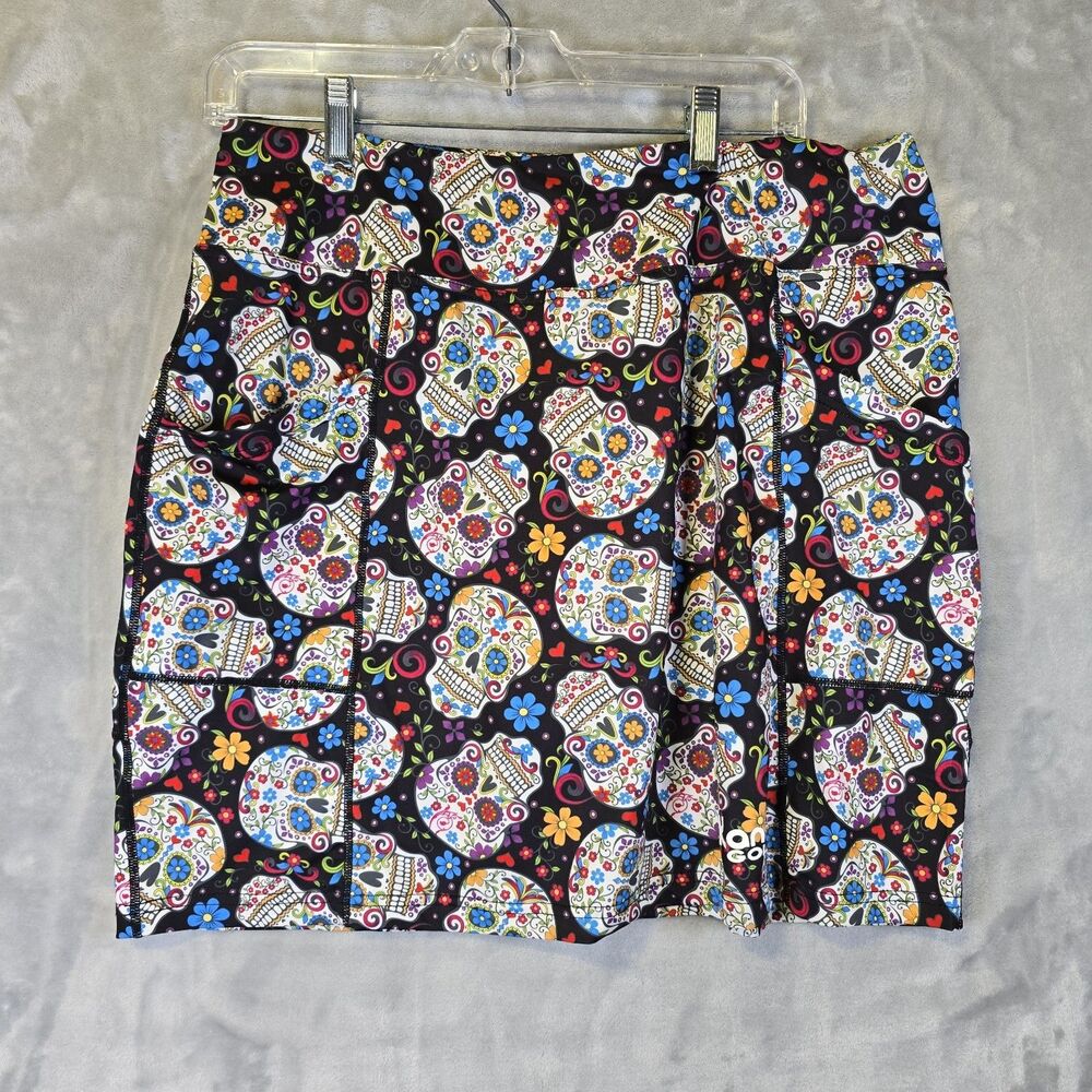 Kandy Golf Skorts XL Colorful Sugar Skulls Pattern Pockets Poly Spandex Goth Emo